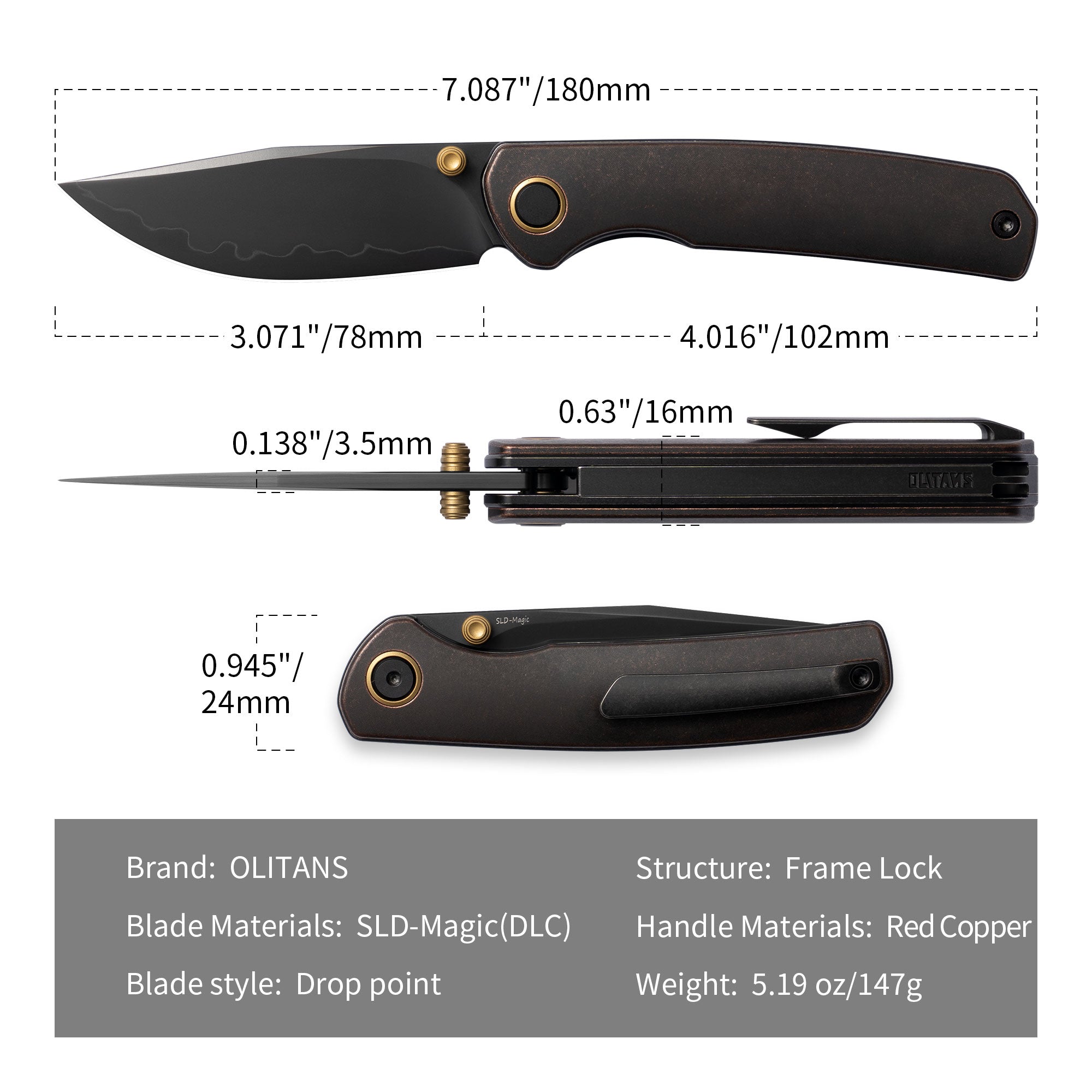 Gecko M070-SLD Folding Knife(3.07"+SLD Magic+Copper)-Liner Lock-thumb stud-OLITANS