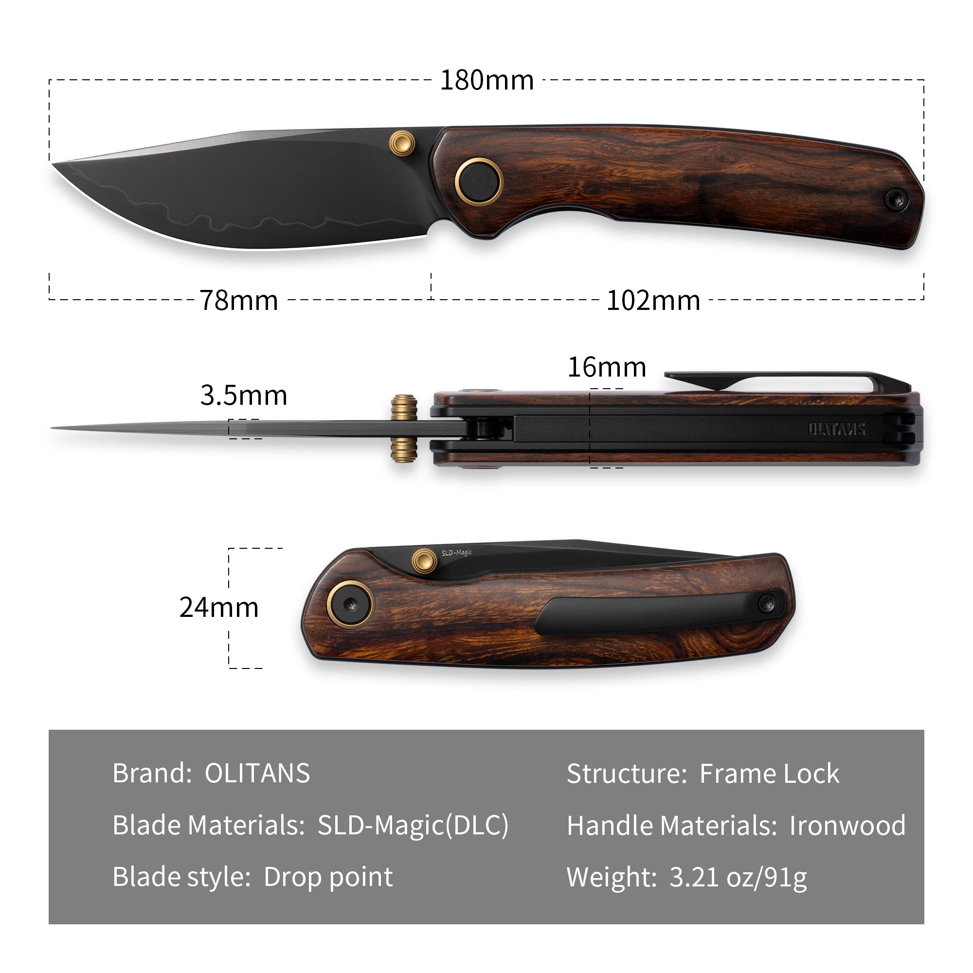 M070-SLD Folding Knife(3.07"+SLD Magic+Wood)-Liner Lock-thumb stud-OLITANS