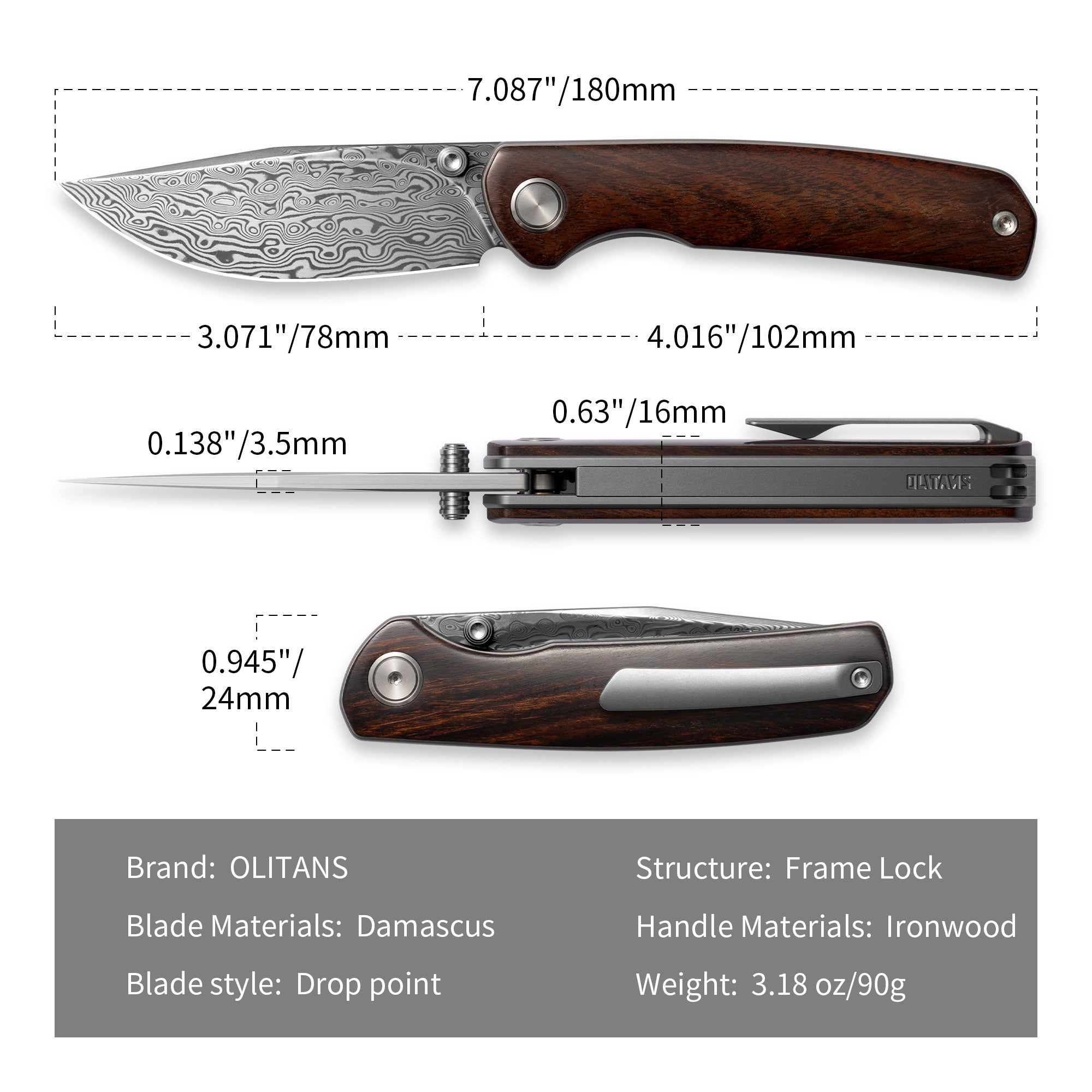 Gecko M070-DS Folding Knife(3.07''+Damascus+Wood)-Liner Lock-thumb stud-OLITANS