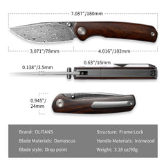 Gecko M070-DS Folding Knife(3.07''+Damascus+Wood)-Liner Lock-thumb stud-OLITANS