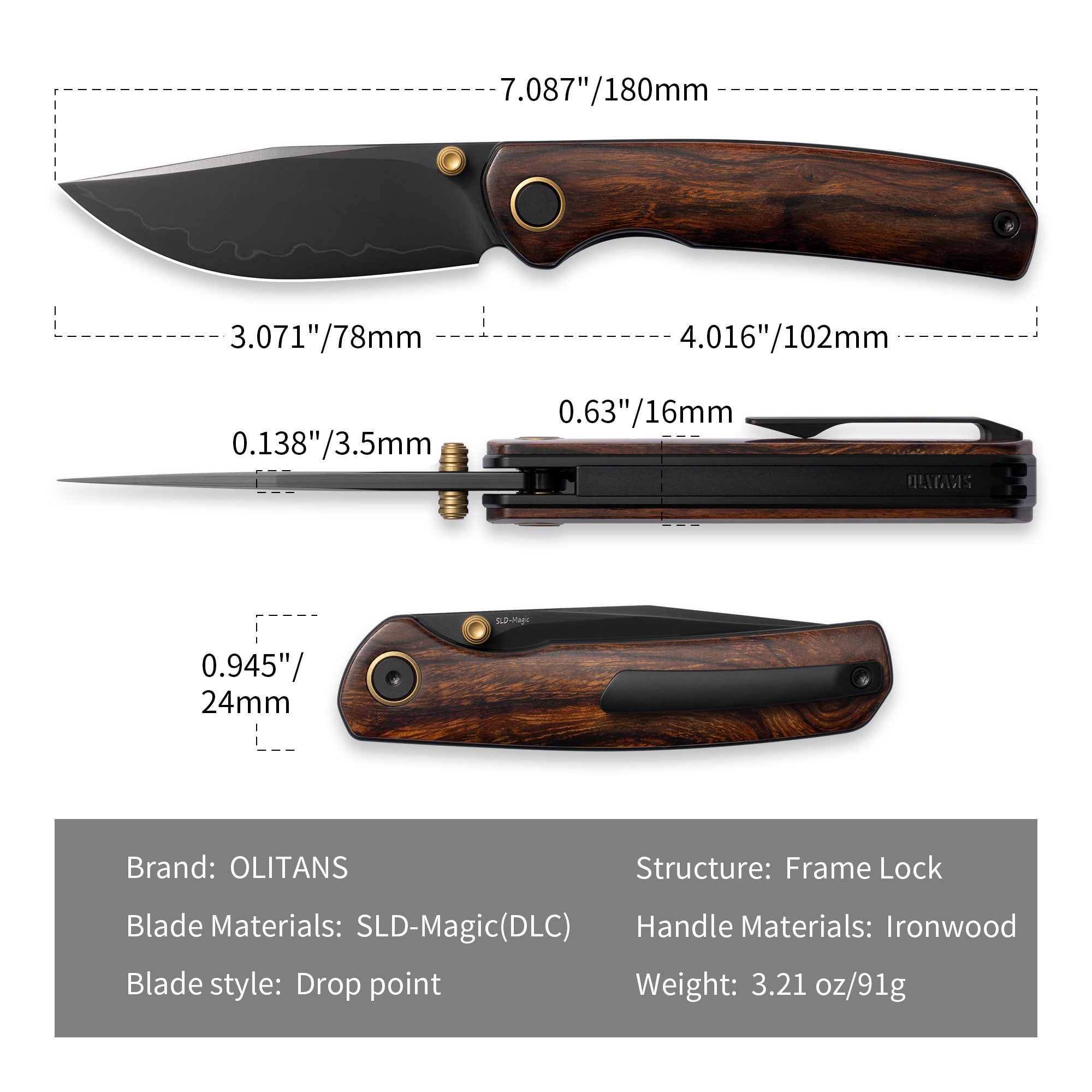 Gecko M070-SLD Folding Knife(3.07"+SLD Magic+Wood)-Liner Lock-thumb stud-OLITANS