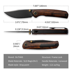 Gecko M070-SLD Folding Knife(3.07"+SLD Magic+Wood)-Liner Lock-thumb stud-OLITANS