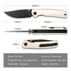 M070-SLD Folding Knife(3.07"+SLD Magic+Cow bone)-Liner Lock-thumb stud-OLITANS