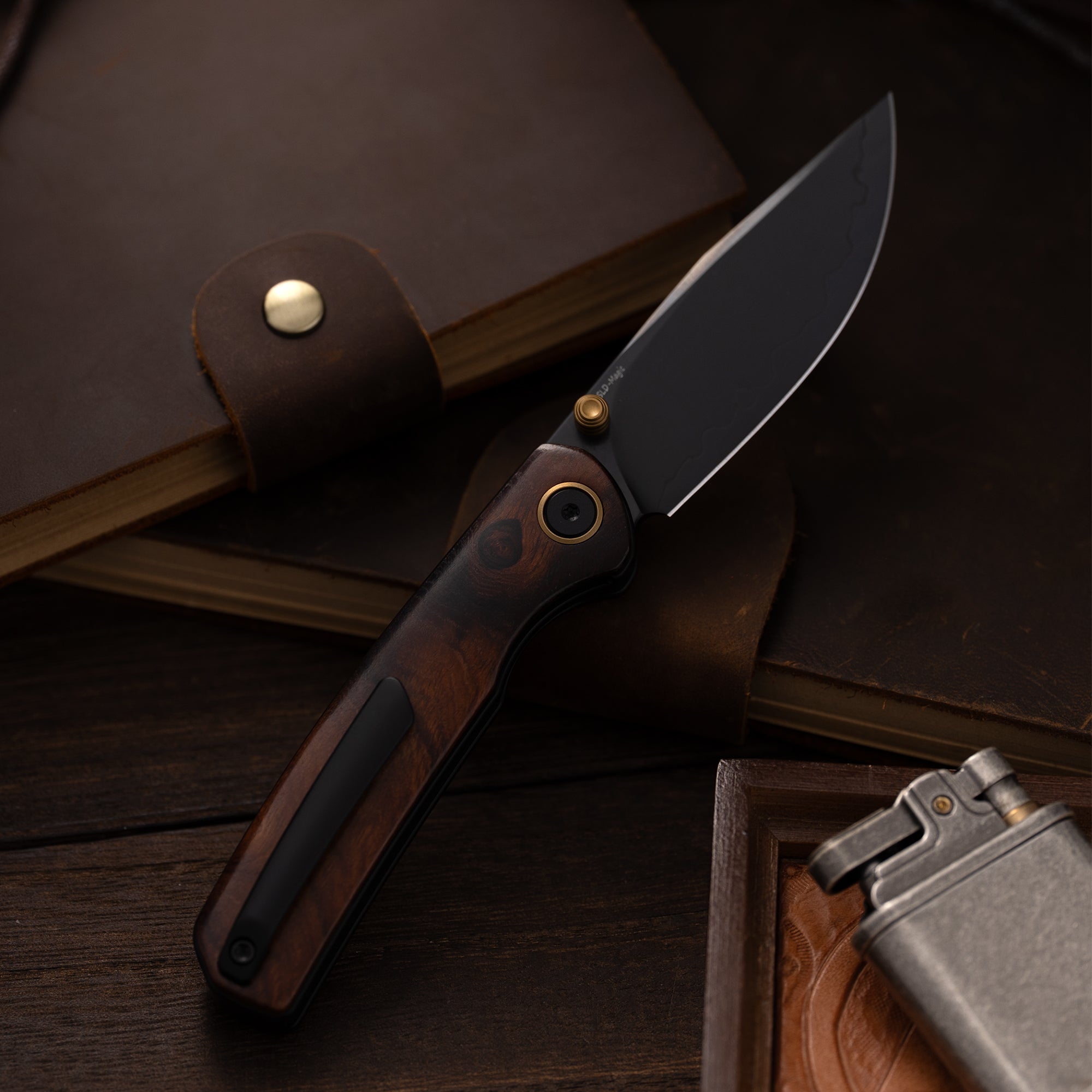 M070-SLD Folding Knife(3.07"+SLD Magic+Wood)-Liner Lock-thumb stud-OLITANS