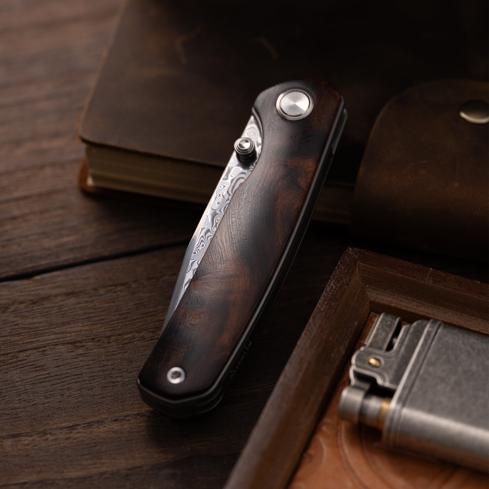 M070-DS Folding Knife(3.07''+Damascus+Wood)-Liner Lock-thumb stud-OLITANS