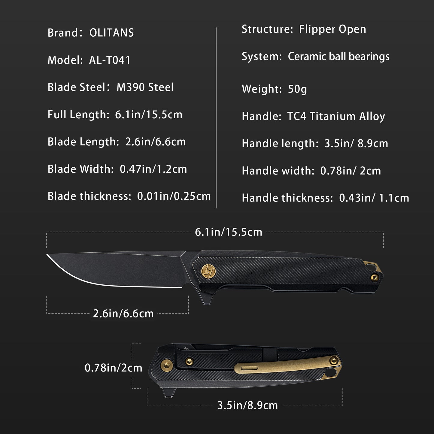 OLITANS T041 Pocket Knife, 2.6'' M390 Steel Blade Titanium handle, Small EDC Knife with Pocket Clip for Men Women, 1.8 oz