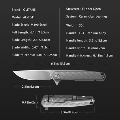 OLITANS T041 Pocket Knife, 2.6'' M390 Steel Blade Titanium handle, Small EDC Knife with Pocket Clip for Men Women, 1.8 oz