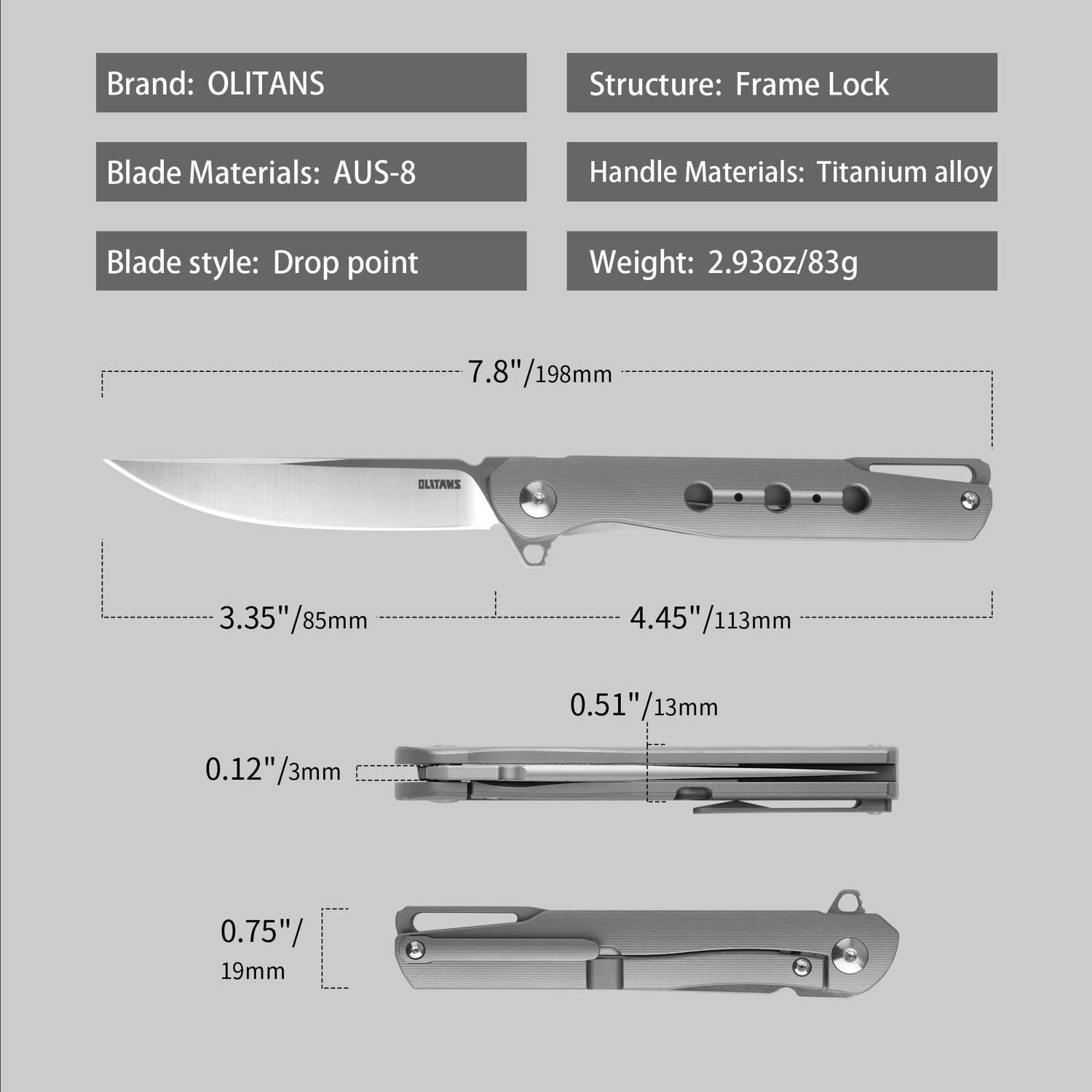 T051 Pocket Knife 3.35'' AUS-8 Blade + Titainium Handle - Frame Lock - Flipper