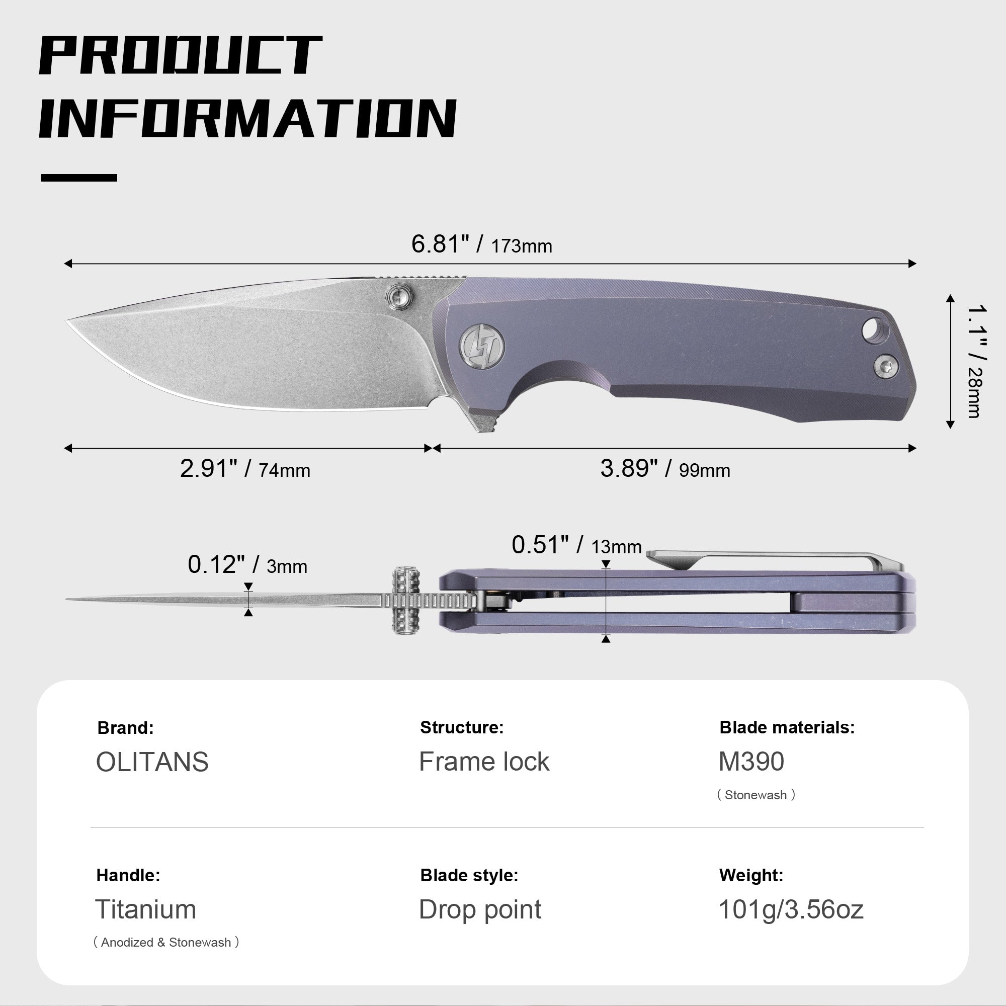 Ti-Bomber 2.0 T065 - Drop Point（2.95"+Bohler M390 +Titanium）