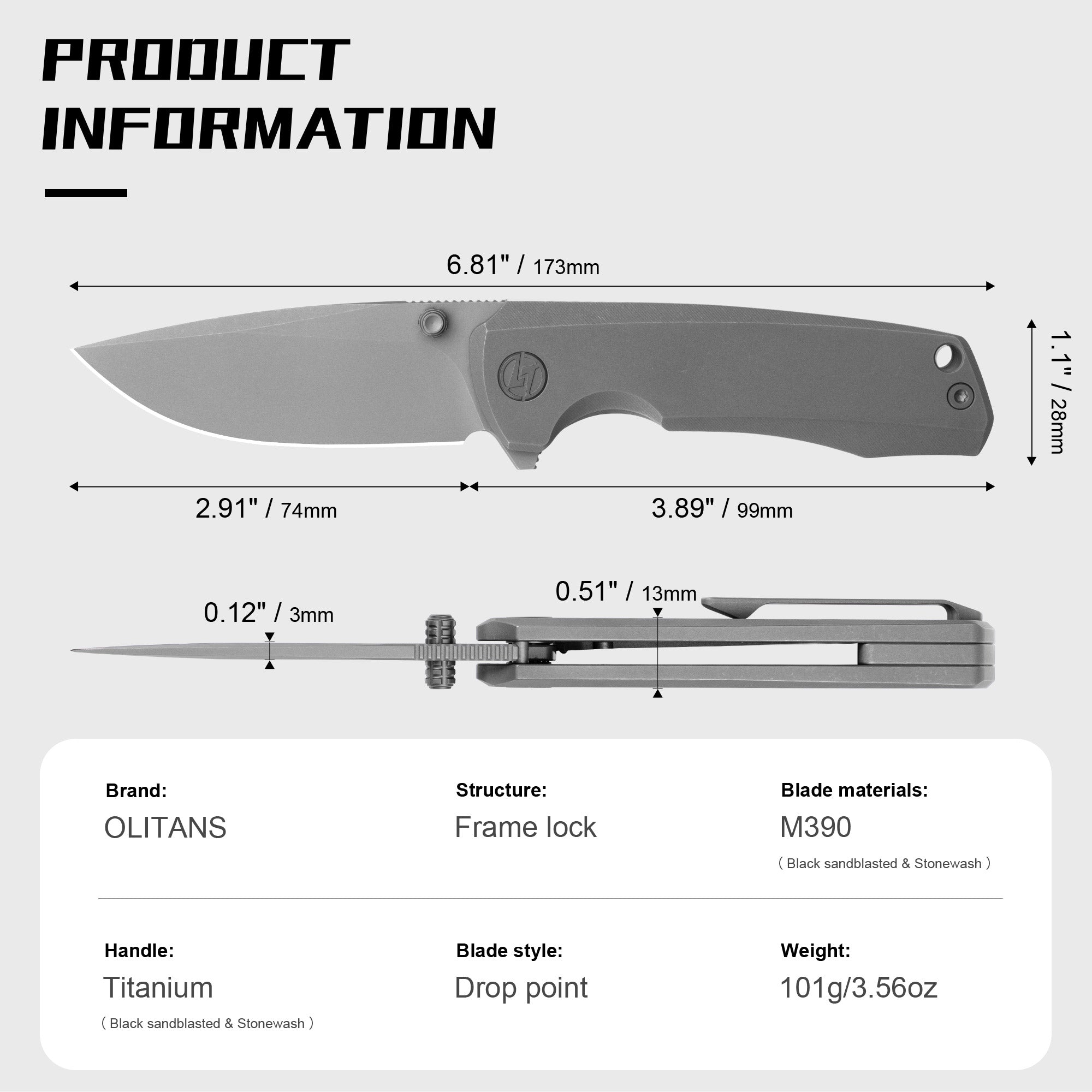 Ti-Bomber 2.0 T065 - Drop Point（2.95"+Bohler M390 +Titanium）