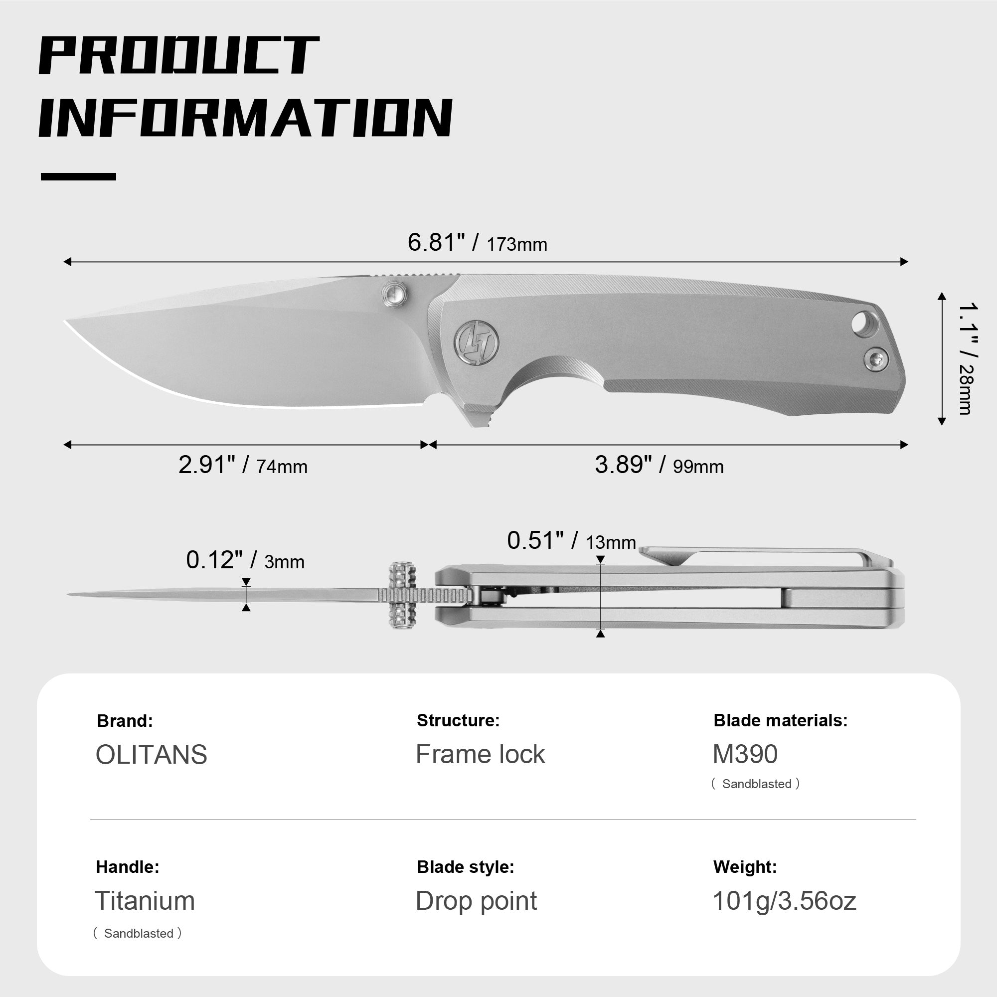 Ti-Bomber 2.0 T065 - Drop Point（2.95"+Bohler M390 +Titanium）