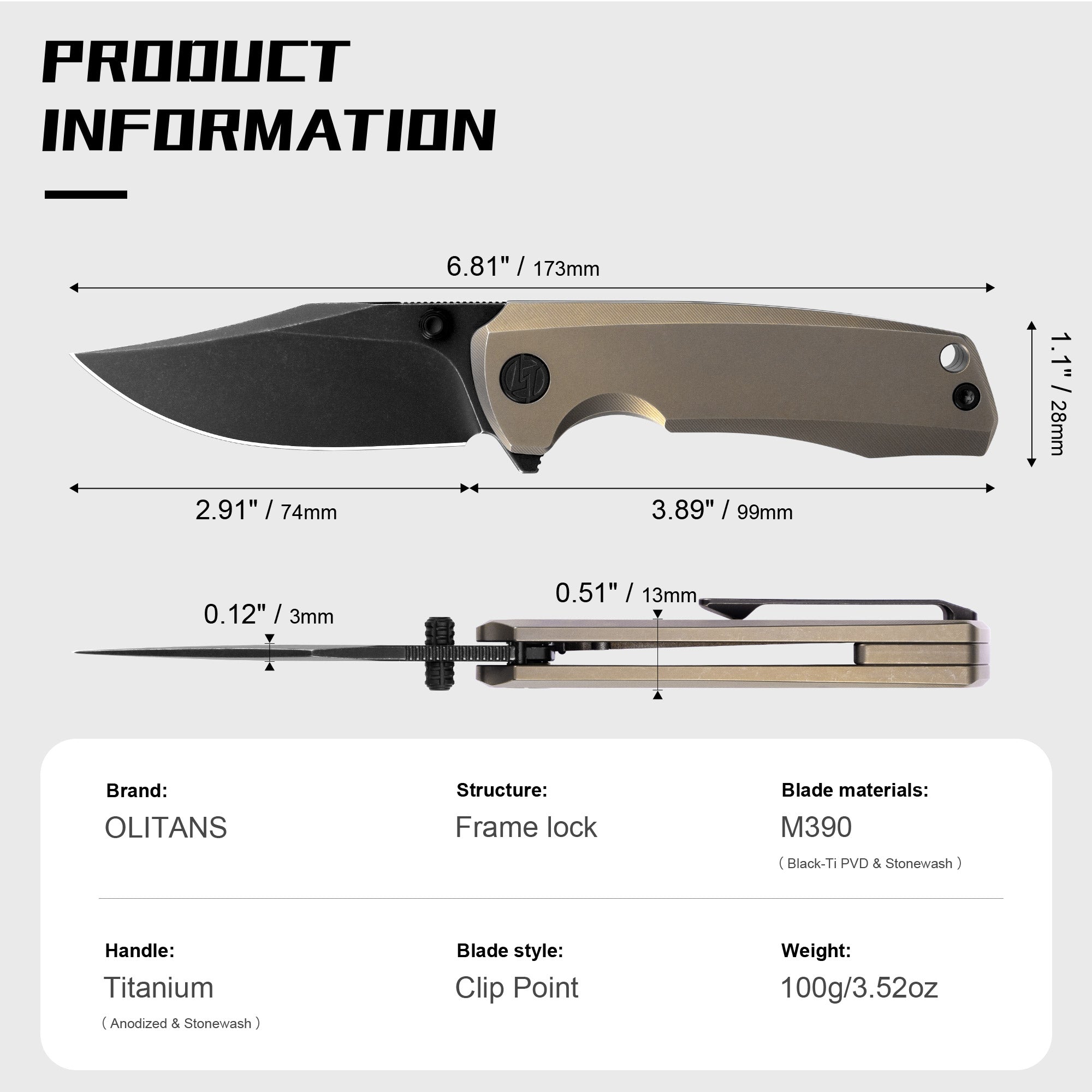 Ti-Bomber 2.0 T068 - Clip Point（2.95"+Bohler M390 +Titanium）