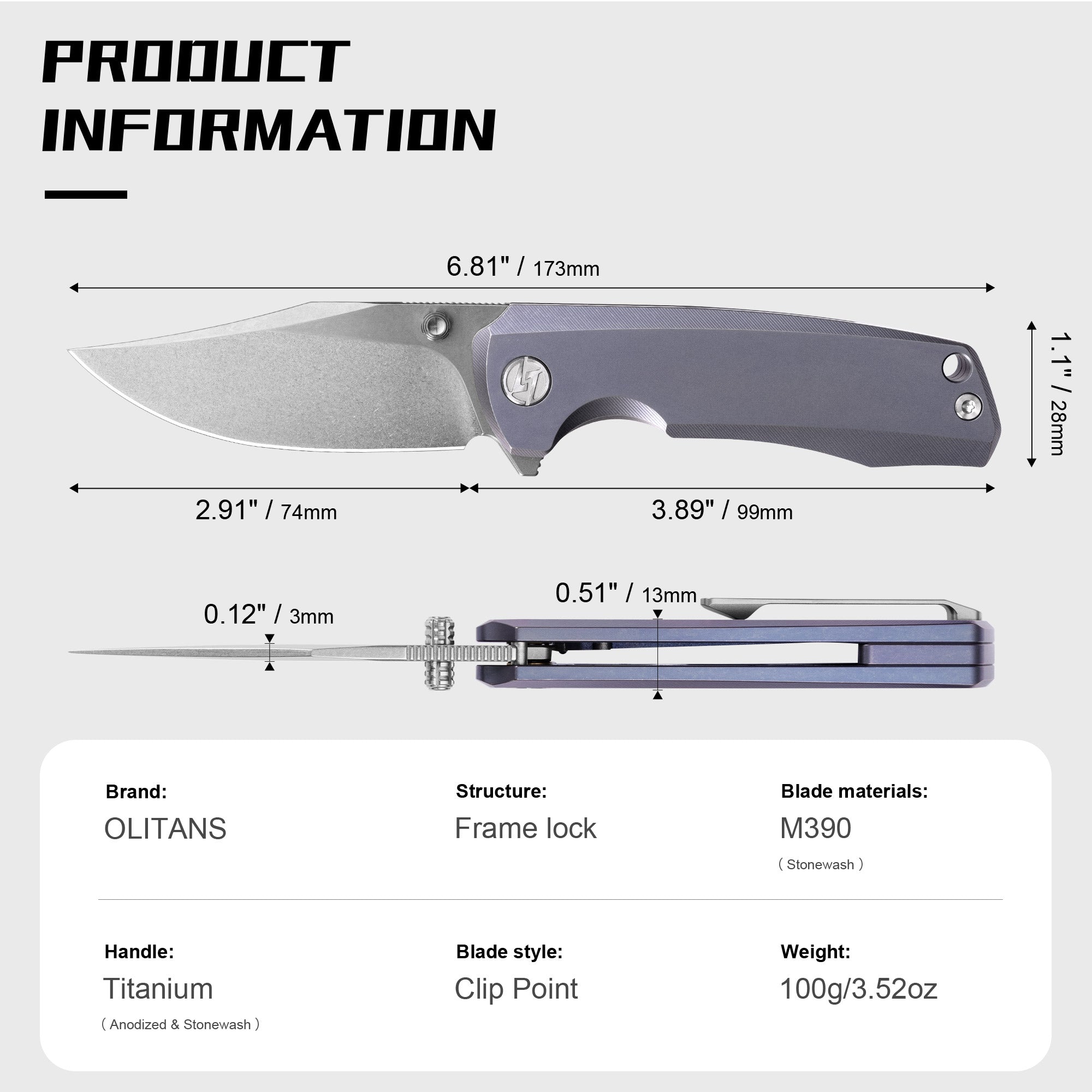 Ti-Bomber 2.0 T068（2.95"+Bohler M390 +Titanium）-OLITANS