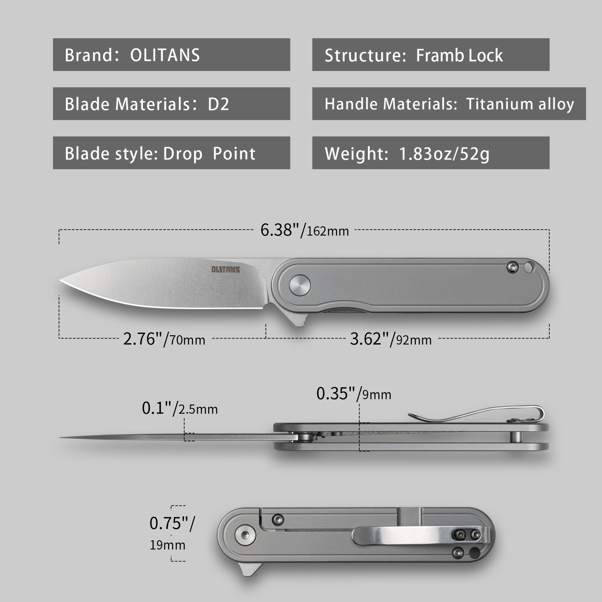 Rocket T025 Pocket Knife（2.76''+D2 Blade+Titanium）Frame Lock-Flipper